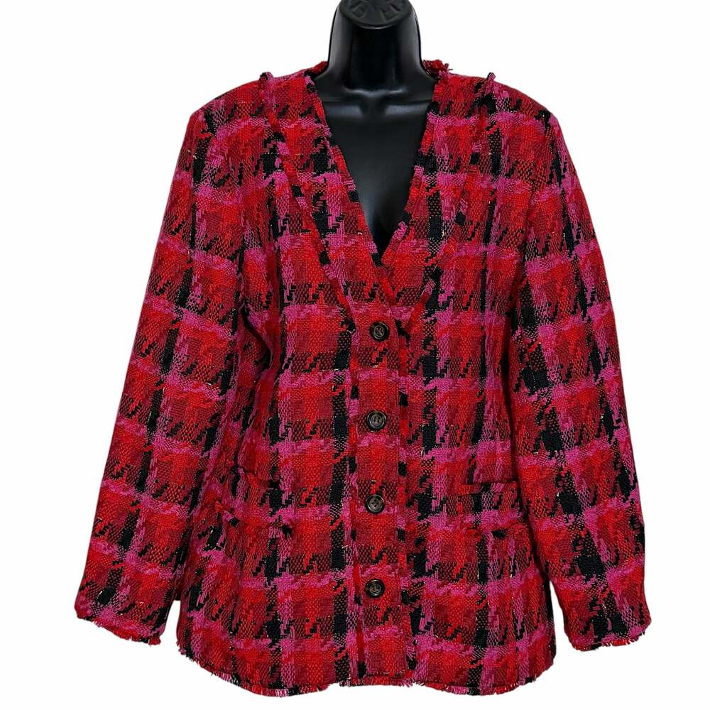 Ann Taylor Red Pink Houndstooth Tweed Blazer Christmas Holiday Long Jacket 12